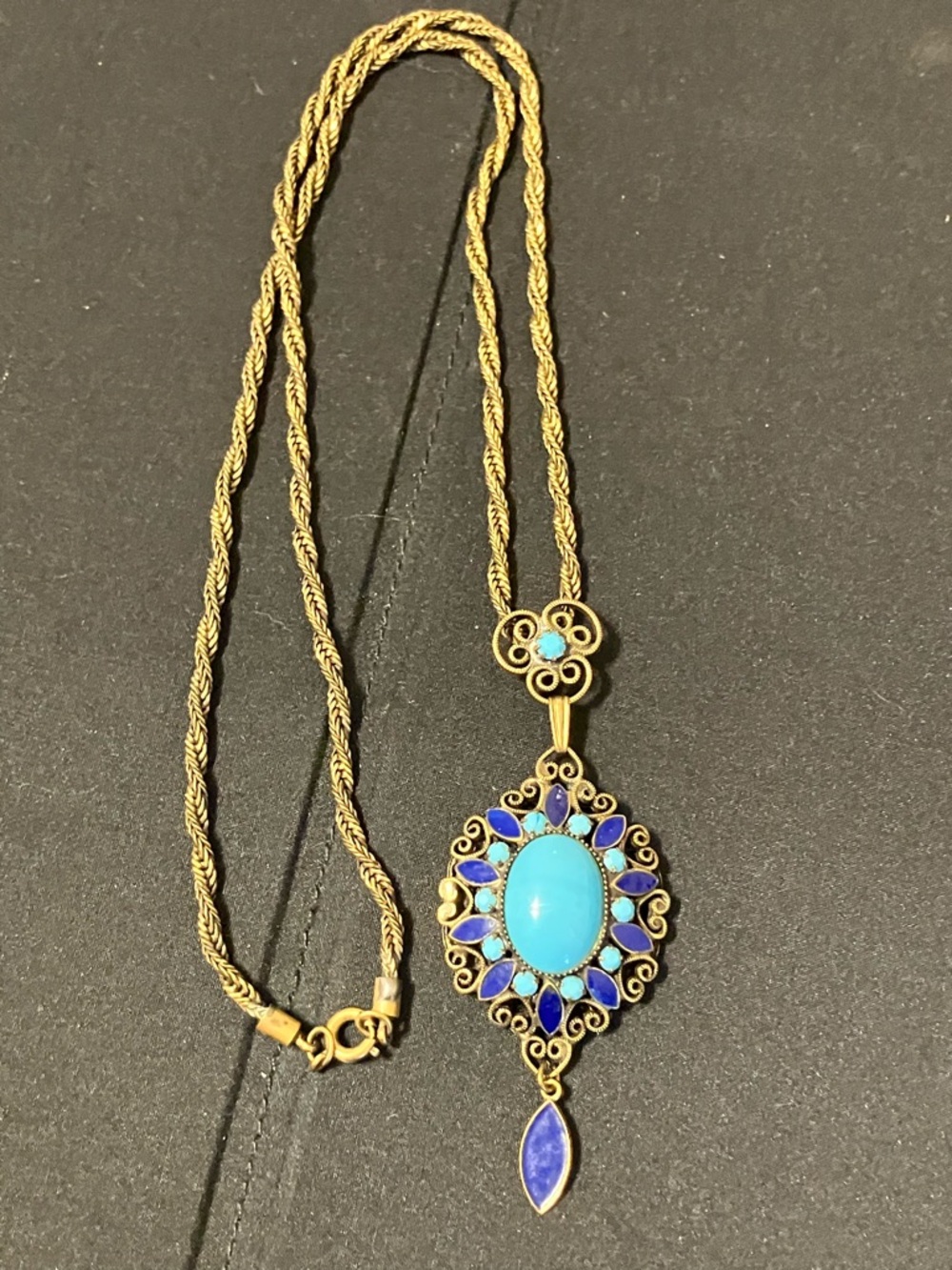 VTG Art Deco Filigree Brass Blue Enamel & Glass Pendant Necklace  Neiger ?